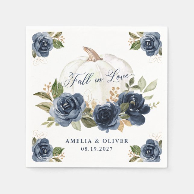 Floral Navy Blue Pumpkin Fall in Love Wedding Napkin (Front)