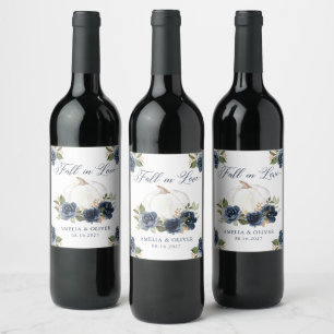 Floral Navy Blue Pumpkin Fall in Love Wedding Wine Label