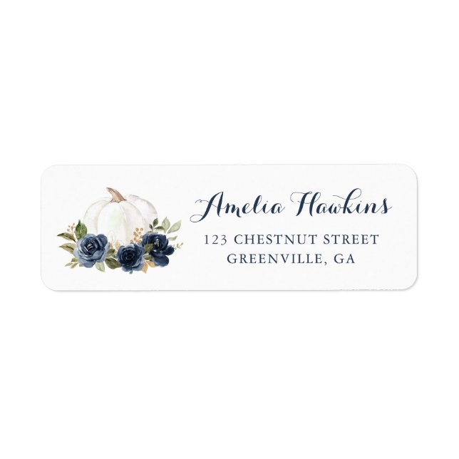 Floral Navy Blue Pumpkin Fall Return Address (Front)