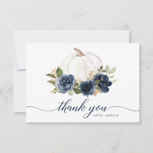Floral Navy Blue Pumpkin Fall Thank You Card