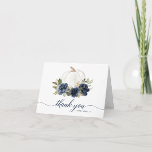 Floral Navy Blue Pumpkin Fall Thank You Card