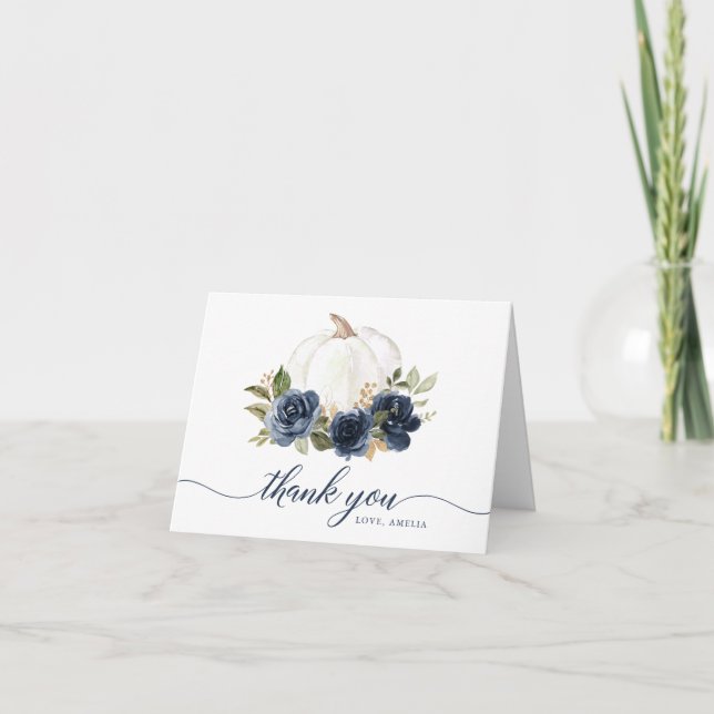 Floral Navy Blue Pumpkin Fall Thank You Card (Front)