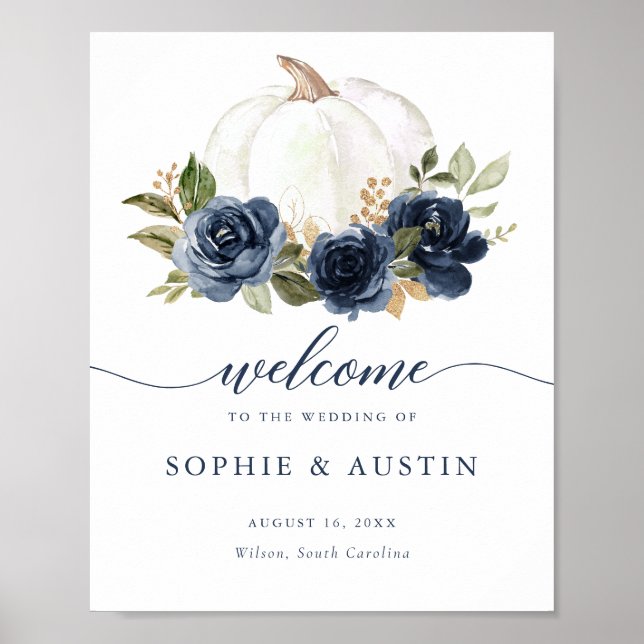 Floral Navy Blue Pumpkin Fall Wedding Welcome Sign (Front)