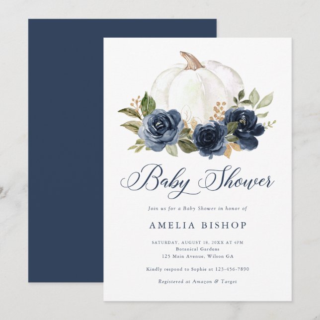 Floral Navy Blue Pumpkin Gold Leaf Baby Shower Invitation (Front/Back)