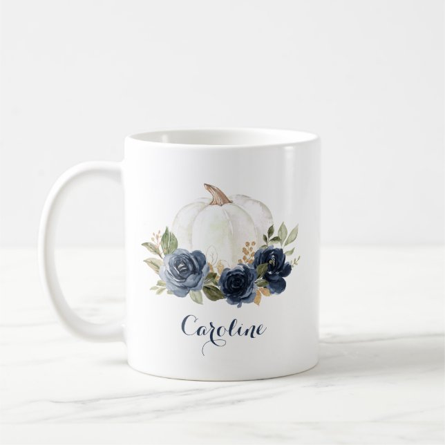 Floral Navy Blue Pumpkin Personalised Mug (Left)