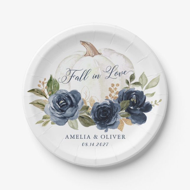 Floral Navy Blue Pumpkin Wedding Fall in Love Paper Plate (Front)