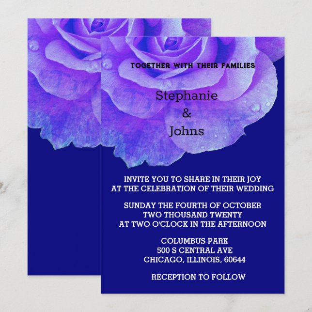 Floral Navy Blue Rose Flower Rustic Boho Wedding Invitation (Front/Back)