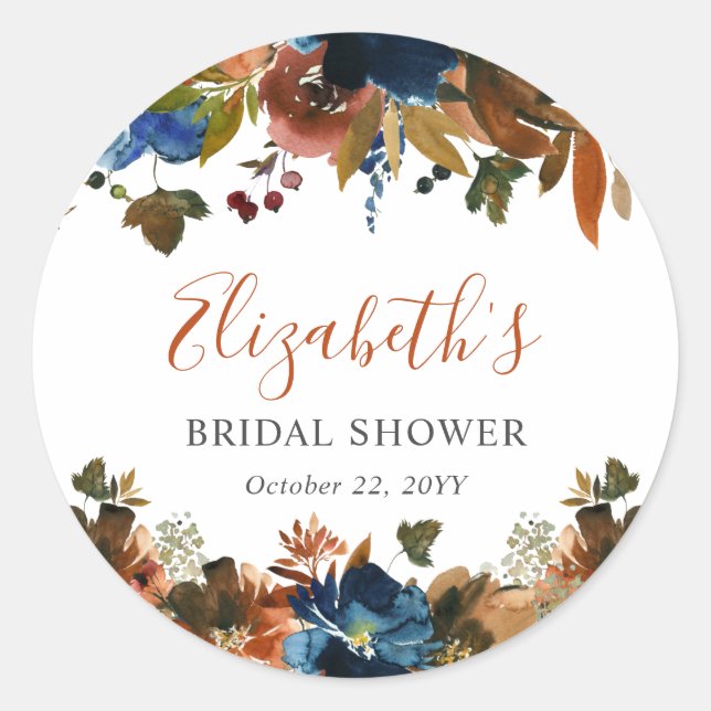 Floral Navy Blue Rust Brown Bridal Shower Welcome Classic Round Sticker (Front)