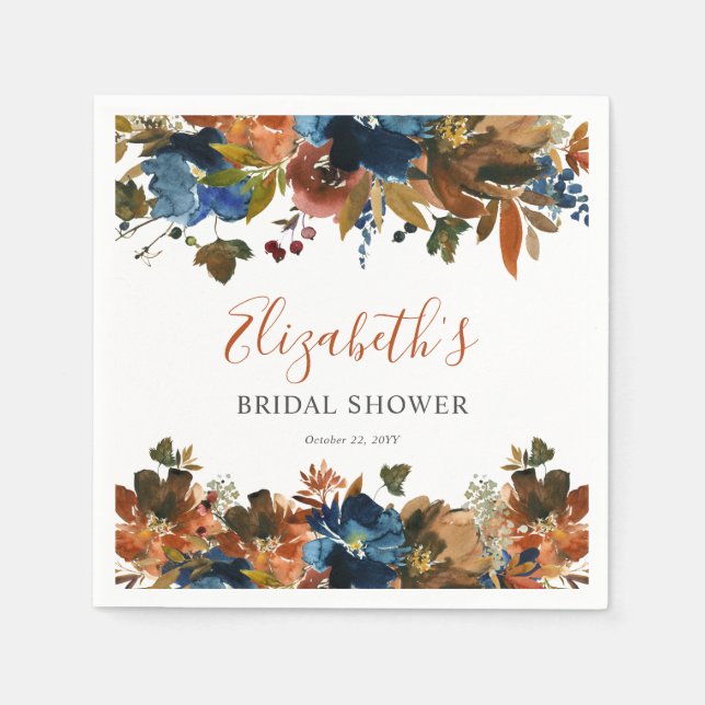 Floral Navy Blue Rust Brown Bridal Shower Welcome Napkin (Front)