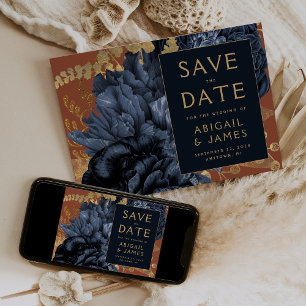 Floral Navy Blue Rust Wedding Save the Date Invitation