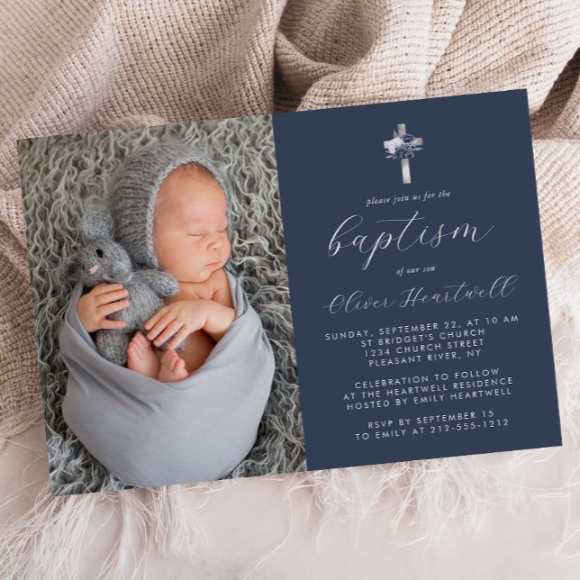 Floral Navy Blue Silver Cross Photo Boys Baptism Invitation (Creator Uploaded)