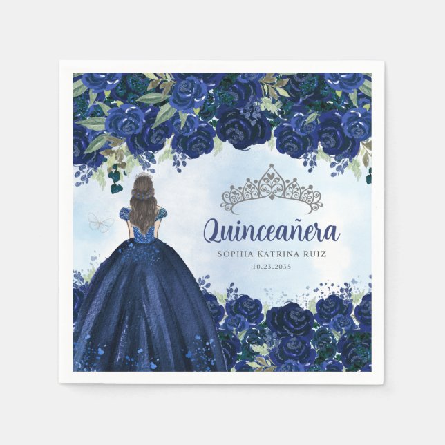 Floral Navy Blue Silver Dress Princess Quinceanera Napkin (Front)