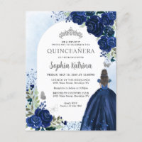 Floral Navy Blue Silver Gown Birthday Quinceanera