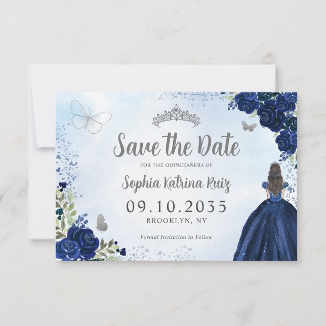 Floral Navy Blue Silver Princess Tiara Quinceanera Save The Date (Front)