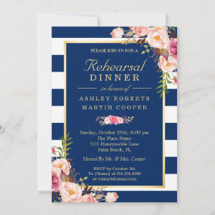 Floral Navy Blue Stripes Wedding Rehearsal Dinner Invitation