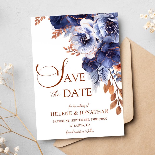 Floral Navy Blue Terracotta Boho Elegant Wedding Save The Date (Floral Navy Blue Terracotta Boho Elegant Wedding Save The Date)