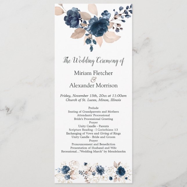 Floral navy blue watercolor Wedding Program Programme (Front)