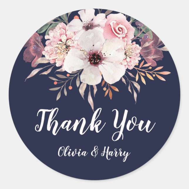 Floral Navy Blue Wedding Favour Round Sticker (Front)