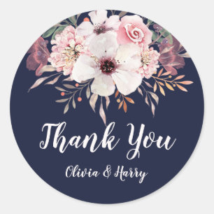 Floral Navy Blue Wedding Favour Round Sticker