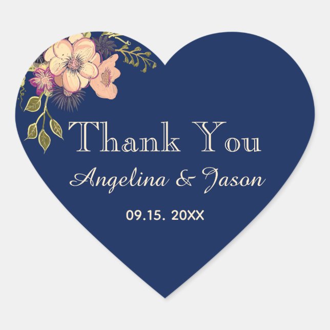 Floral Navy Blue Wedding Thank You Favour Heart Sticker (Front)