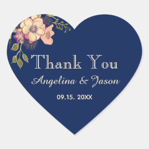 Floral Navy Blue Wedding Thank You Favour Heart Sticker
