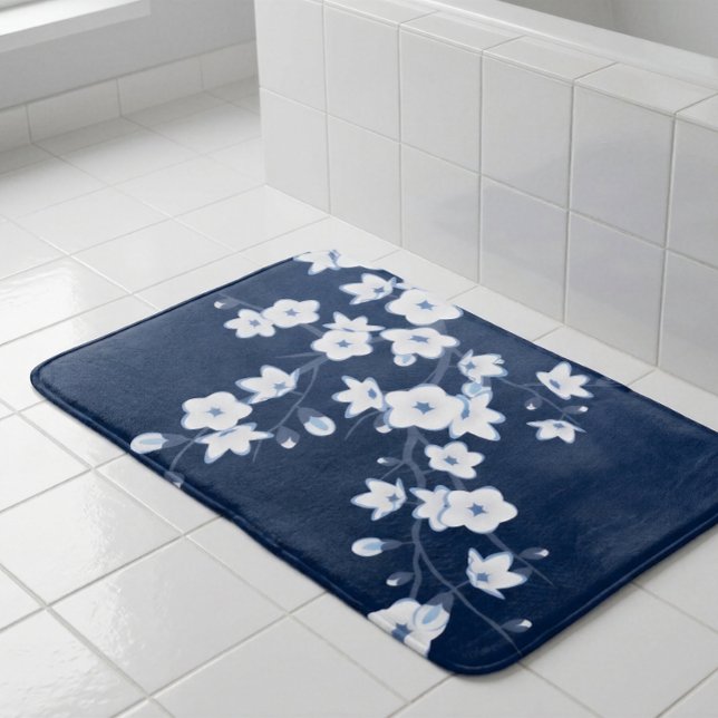 Floral Navy Blue White Bath Mat (Creator Uploaded)