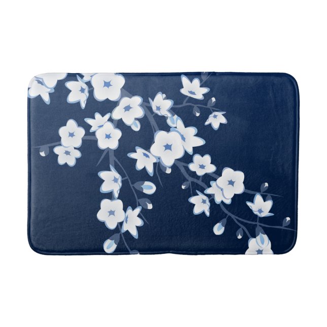 Floral Navy Blue White Bath Mat (Front)
