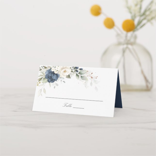 Floral Navy Blue White Greenery Wedding Place Card (Front)
