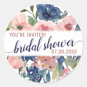 Floral Navy Blush Pink Youre Invited Bridal Shower Classic Round Sticker
