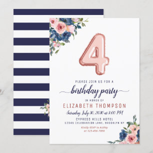Floral Navy Blush Rose Gold Balloon 4th Birthday Invitation