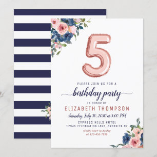 Floral Navy Blush Rose Gold Balloon 5th Birthday Invitation