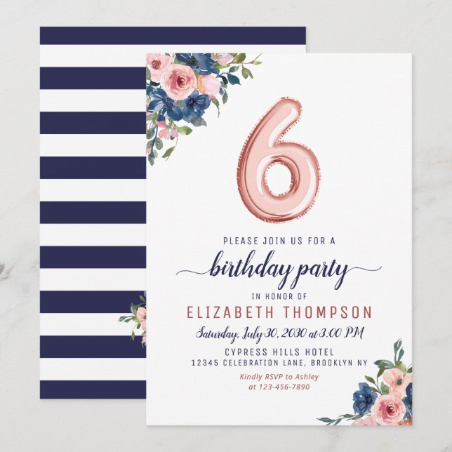 Floral Navy Blush Rose Gold Balloon 6th Birthday Invitation (Front/Back)