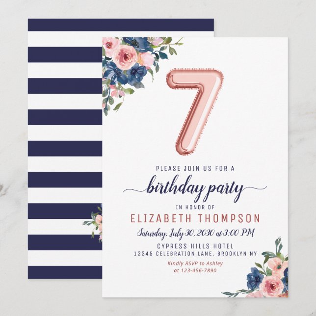 Floral Navy Blush Rose Gold Balloon 7th Birthday Invitation (Front/Back)
