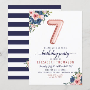 Floral Navy Blush Rose Gold Balloon 7th Birthday Invitation