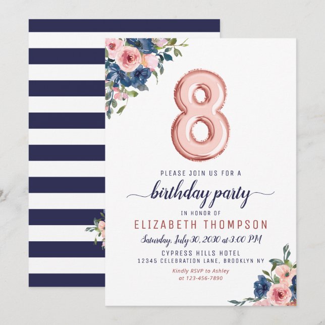 Floral Navy Blush Rose Gold Balloon 8th Birthday Invitation (Front/Back)