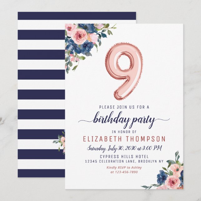 Floral Navy Blush Rose Gold Balloon 9th Birthday Invitation (Front/Back)