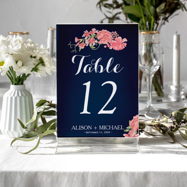 Floral navy blush script wedding guest table number (Creator Uploaded)