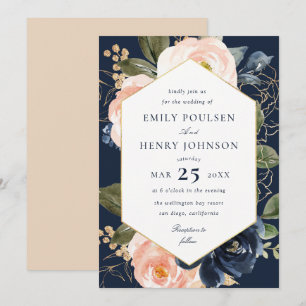 Floral navy & blush watercolor wedding invitation