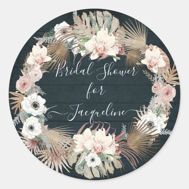 Floral Navy Blush White Rustic Wooden Palm Foliage Classic Round Sticker (Front)