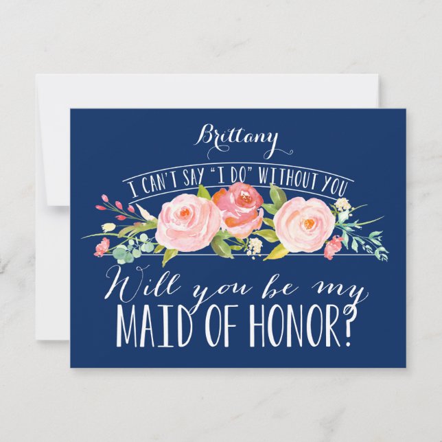 Floral Navy Bridesmaid Maid Of Honour Card (Front)