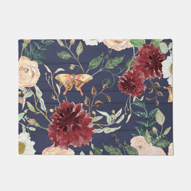 Floral Navy Burgundy Rustic Wood w Leaf Foliage  Doormat (Front)