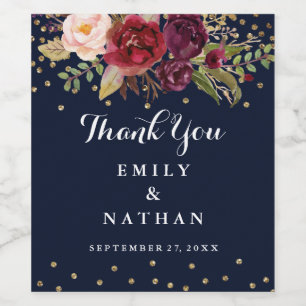 Floral Navy Burgundy Wedding Thank You Wine Label