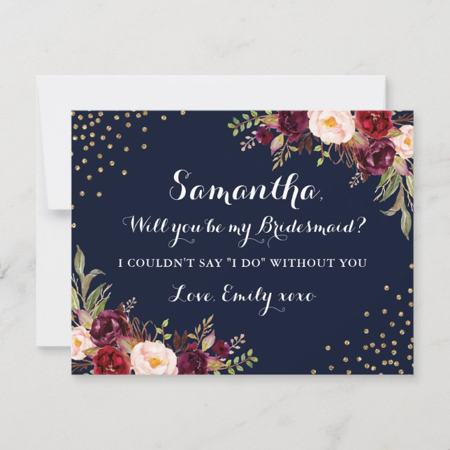 Floral Navy Burgundy Will You Be My Bridesmaid Invitation (Front)