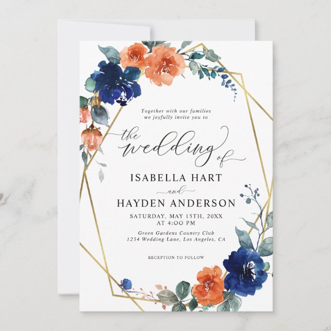 Floral Navy Burnt Orange Rust Gold Foil Wedding Invitation (Front)