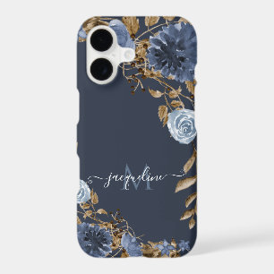 Floral Navy Dusty Blue Elegant Watercolor Name