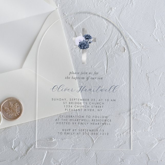 Floral Navy Dusty Blue Silver Cross Boys Baptism Acrylic Invitations (Creator Uploaded)
