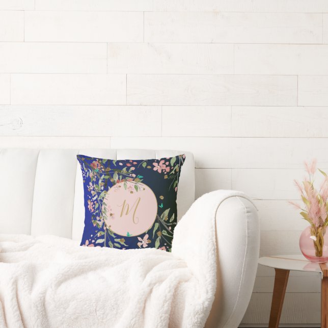 Floral Navy Elegant Pink Gold Chinoiserie Cushion (Couch)