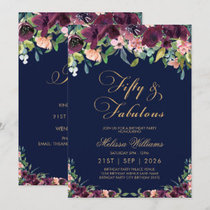 Floral Navy Fifty & Fabulous 50th Birthday Invitation