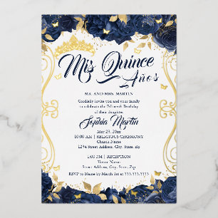 Floral Navy Garden Gold Mis Quince Quinceanera 
