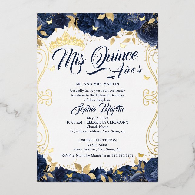Floral Navy Garden Gold Mis Quince Quinceanera  (Front)